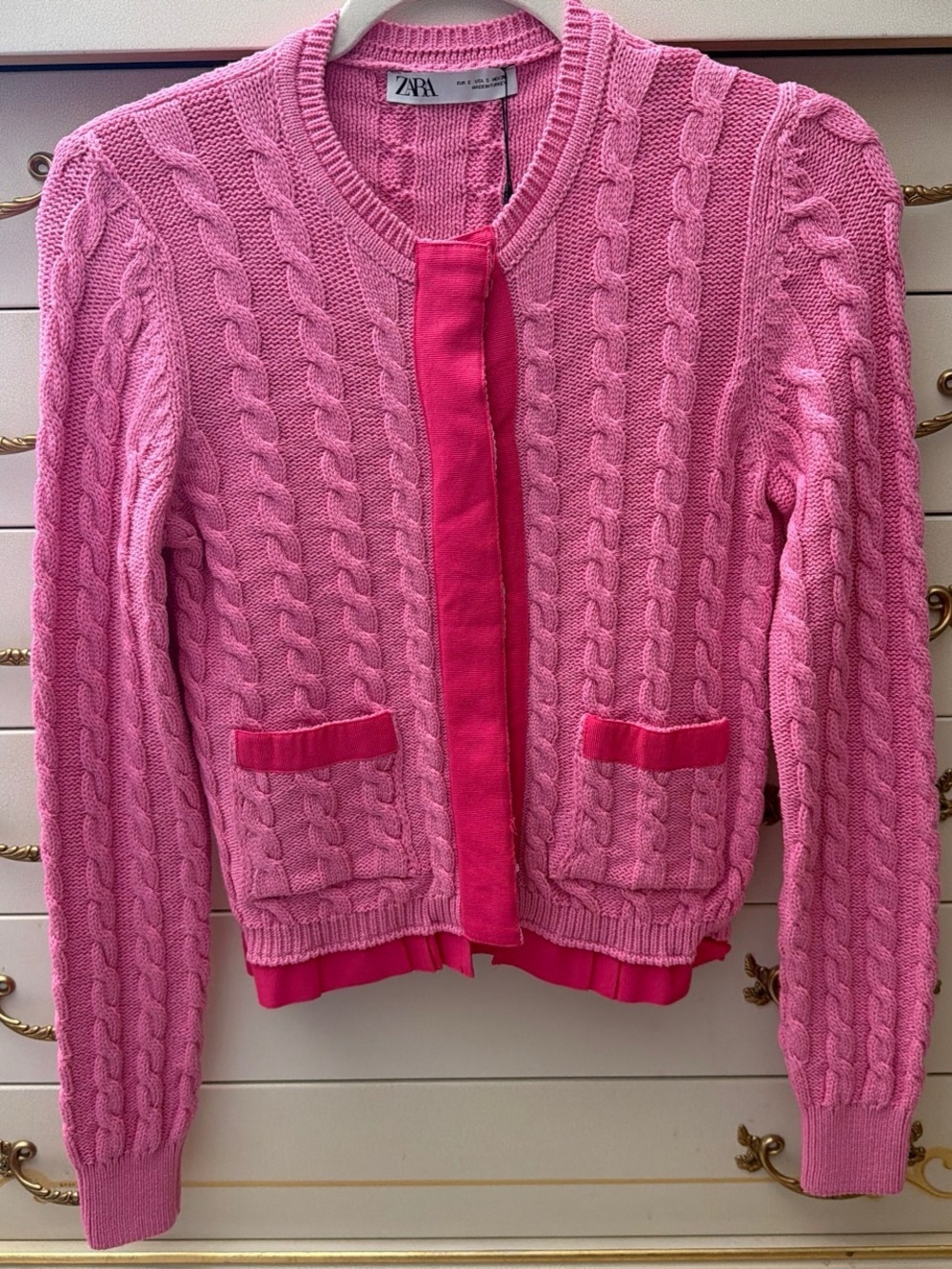 ZARA Bright Pink Cable-Knit Cardigan with Contrasting Trim